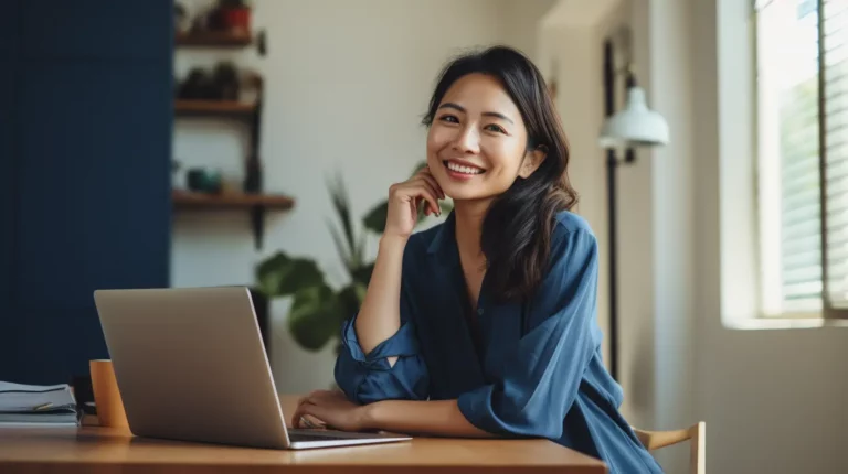 A woman sitting in front of her laptop with mindfulness classes