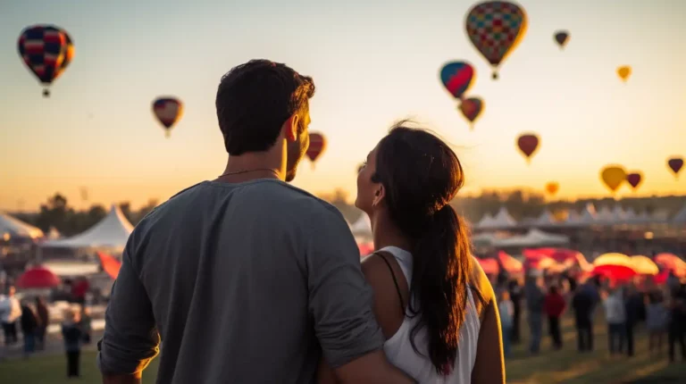 A couple in a situationship watching hot air balloons