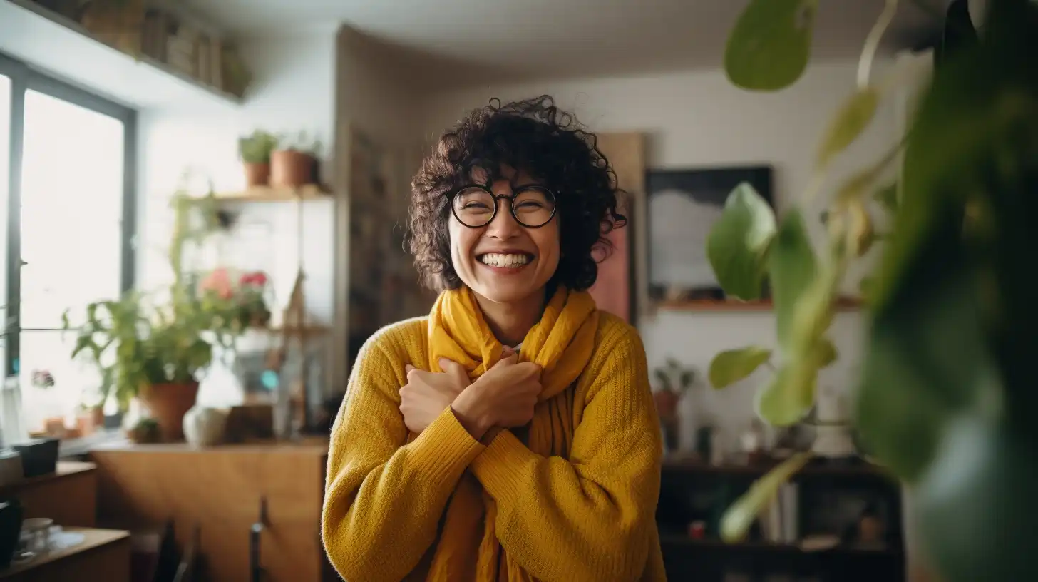 A happy woman hugging herself