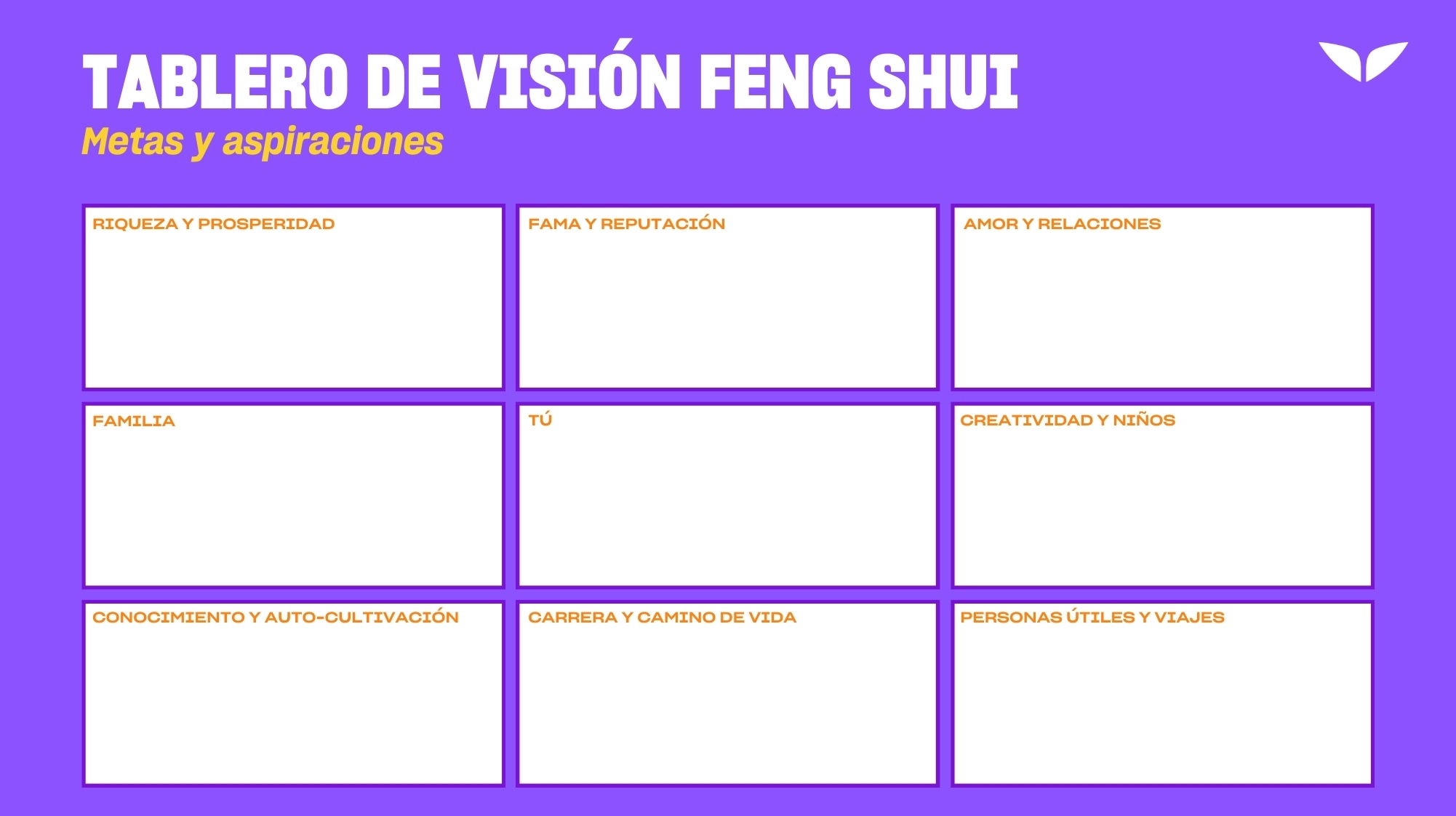 Tablero de Visión Feng Shui
Metas y aspiraciones

Wealth & Prosperity (Riqueza y prosperidad)
Fame & Reputation (Fama y reputación)
Love & Relationships (Amor y relaciones)
Family (Familia)
You (Tú)
Creativity & Children (Creatividad y niños)
Knowledge & Self-Cultivation (Conocimiento y auto-cultivación)
Career & Life Path (Carrera y camino de vida)
Helpful People & Travel (Personas útiles y viajes)