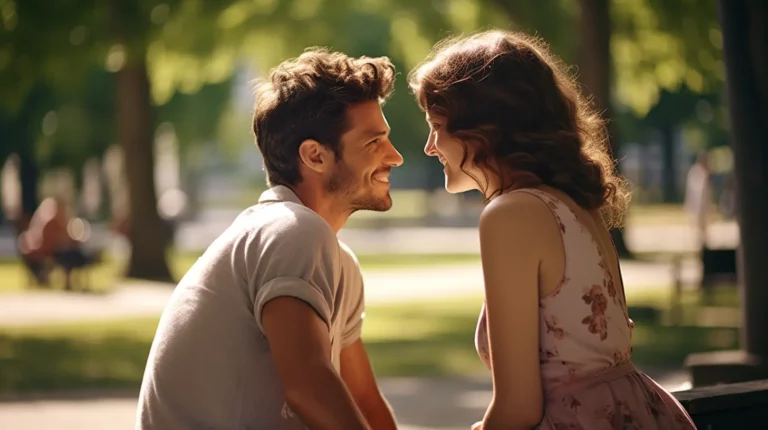 A man talking to a woman outdoors