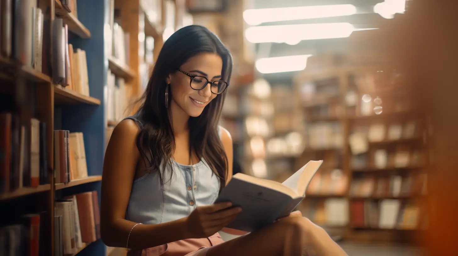 A woman smiling and reading mindfully