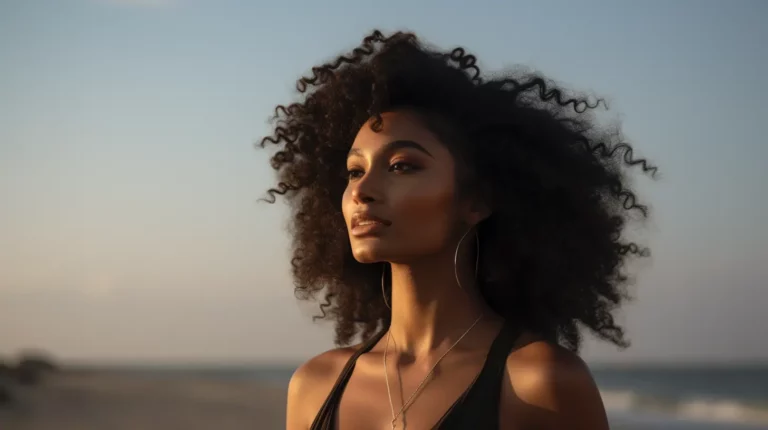 A woman with curly hair gazing into the distance