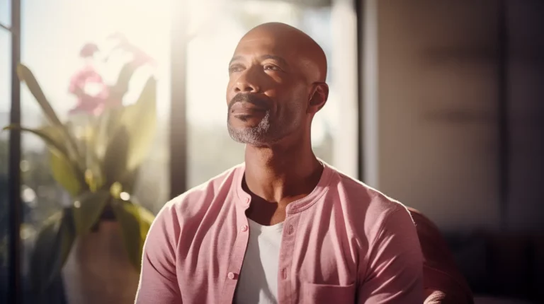 A man contemplates in a pink shirt