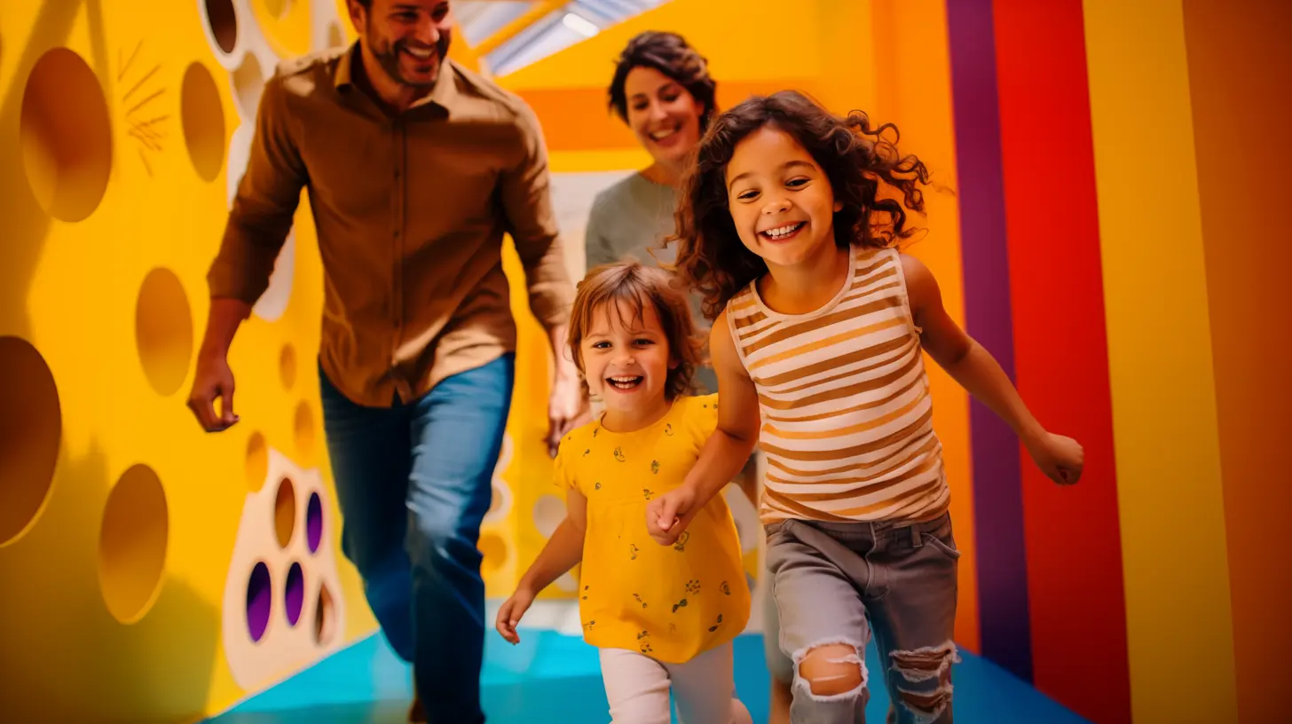 Parents running with their children in an outdoor playground