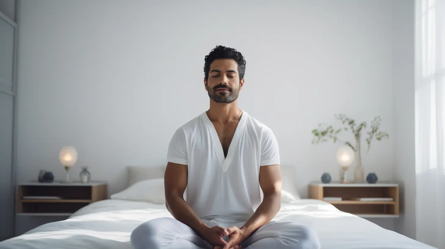 A man learning how to meditate in bed in a tidy bedroom