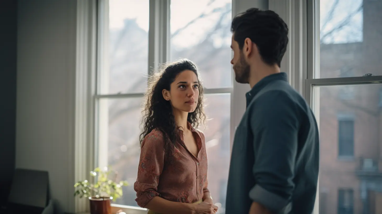 A couple looking at each other in a living room