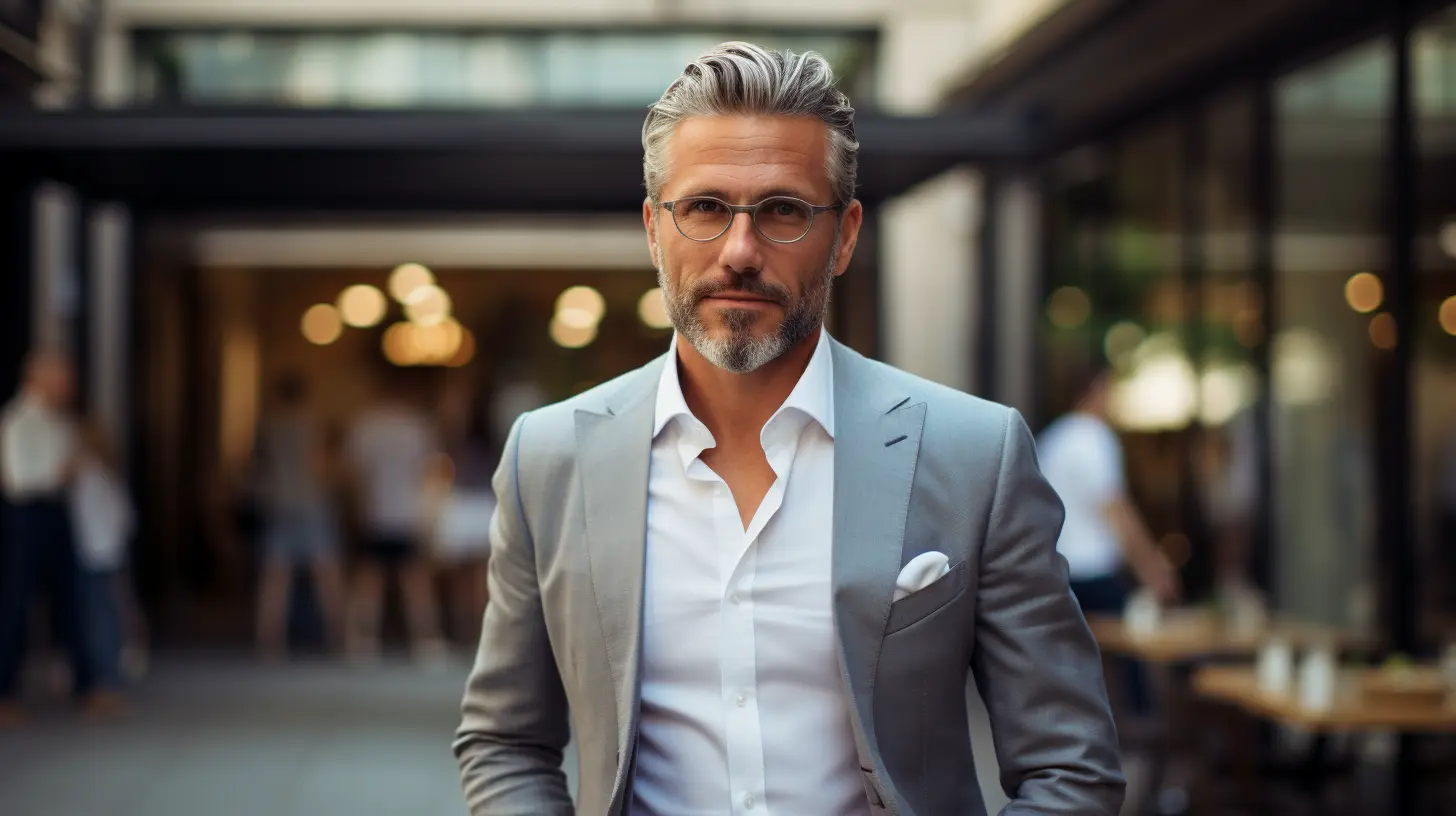 A confident man in a gray suit
