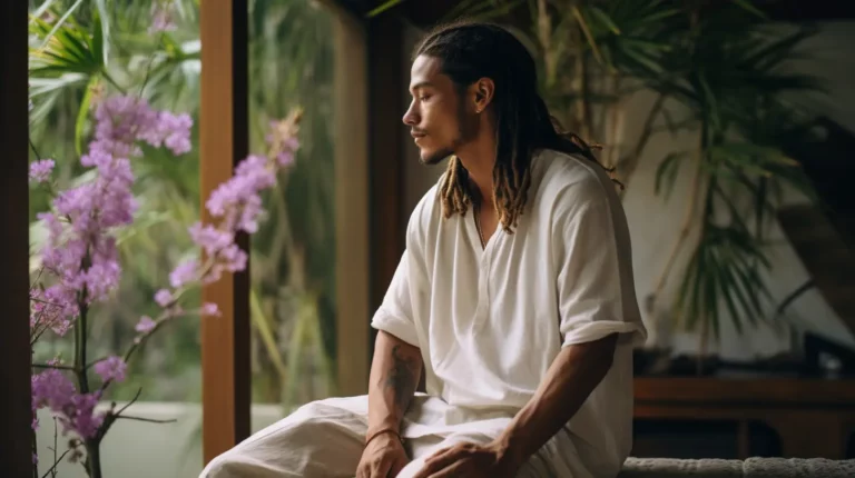 A peaceful-looking man looking out into a garden