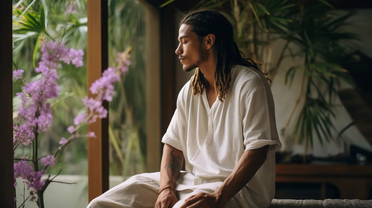 A peaceful-looking man looking out into a garden