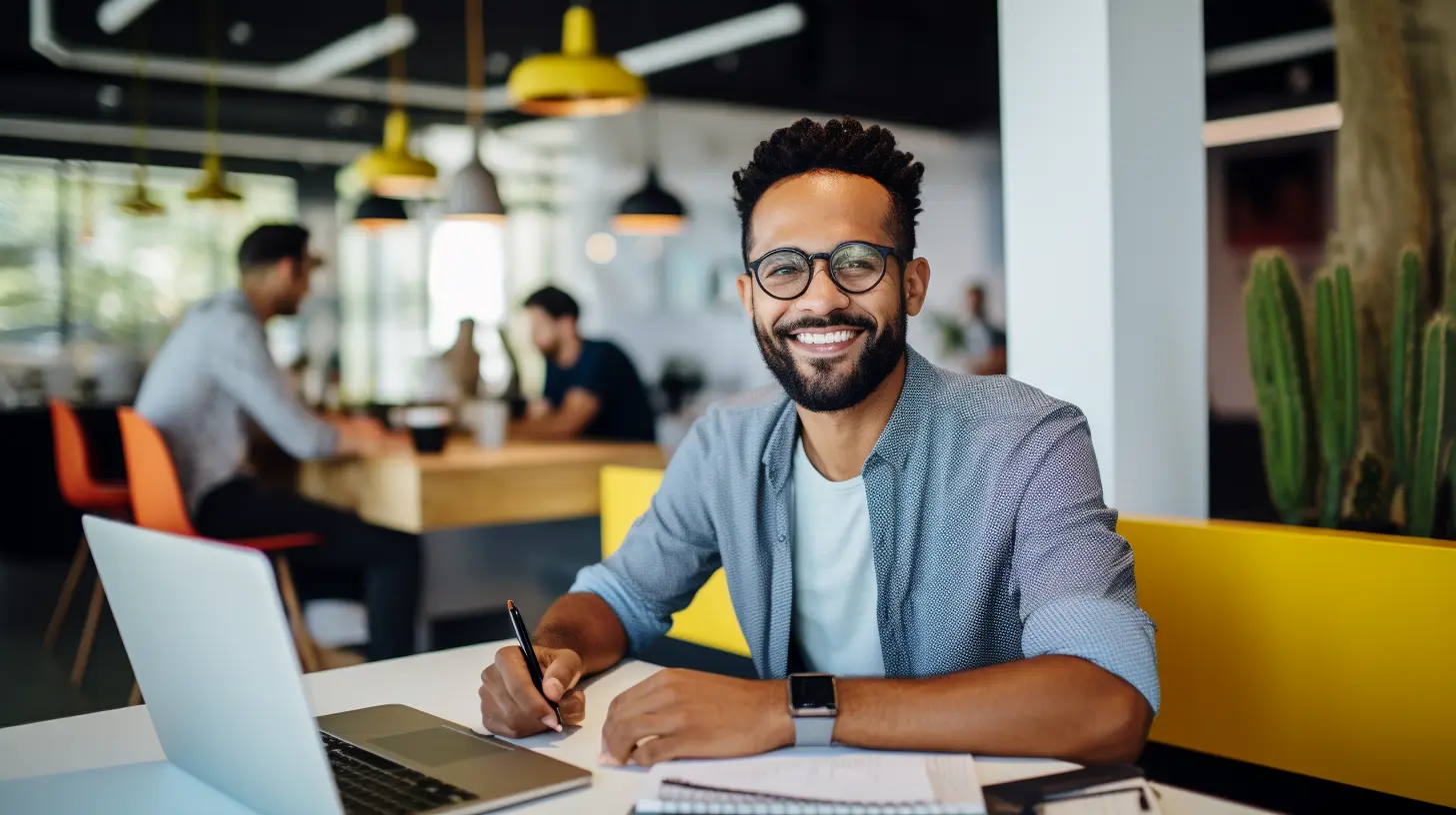 A smiling man in grey shirt working on on a laptop