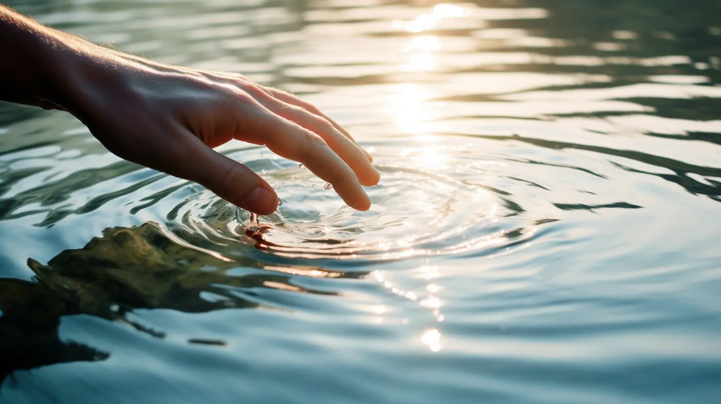 A hand touches the surface of a body of water like a river