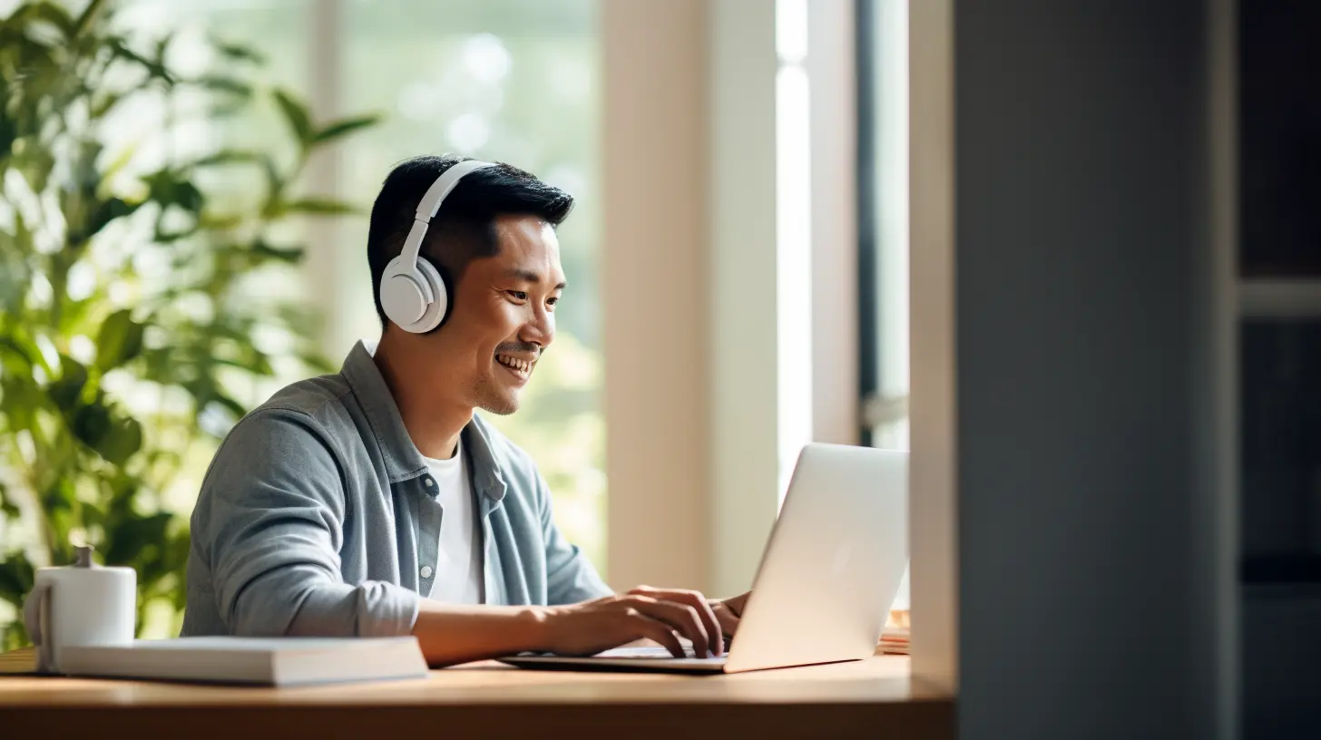 A smiling man wearing headphones types away on his laptop