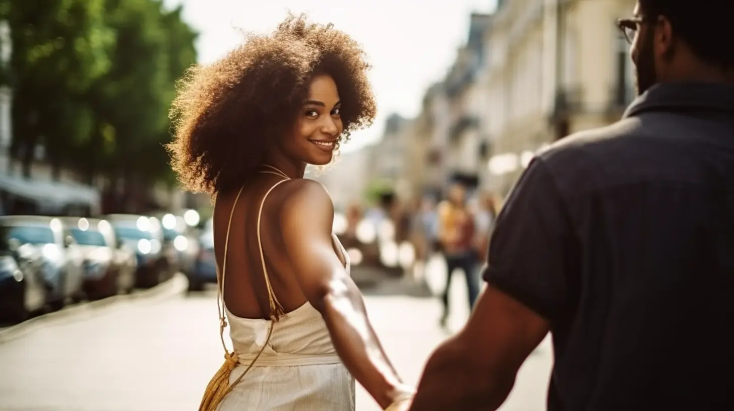 A woman pulling a man's hand in a female-led relationship (FLR)