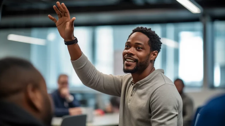 A man in a grey shirt smiles as he raises his hand in an office setting