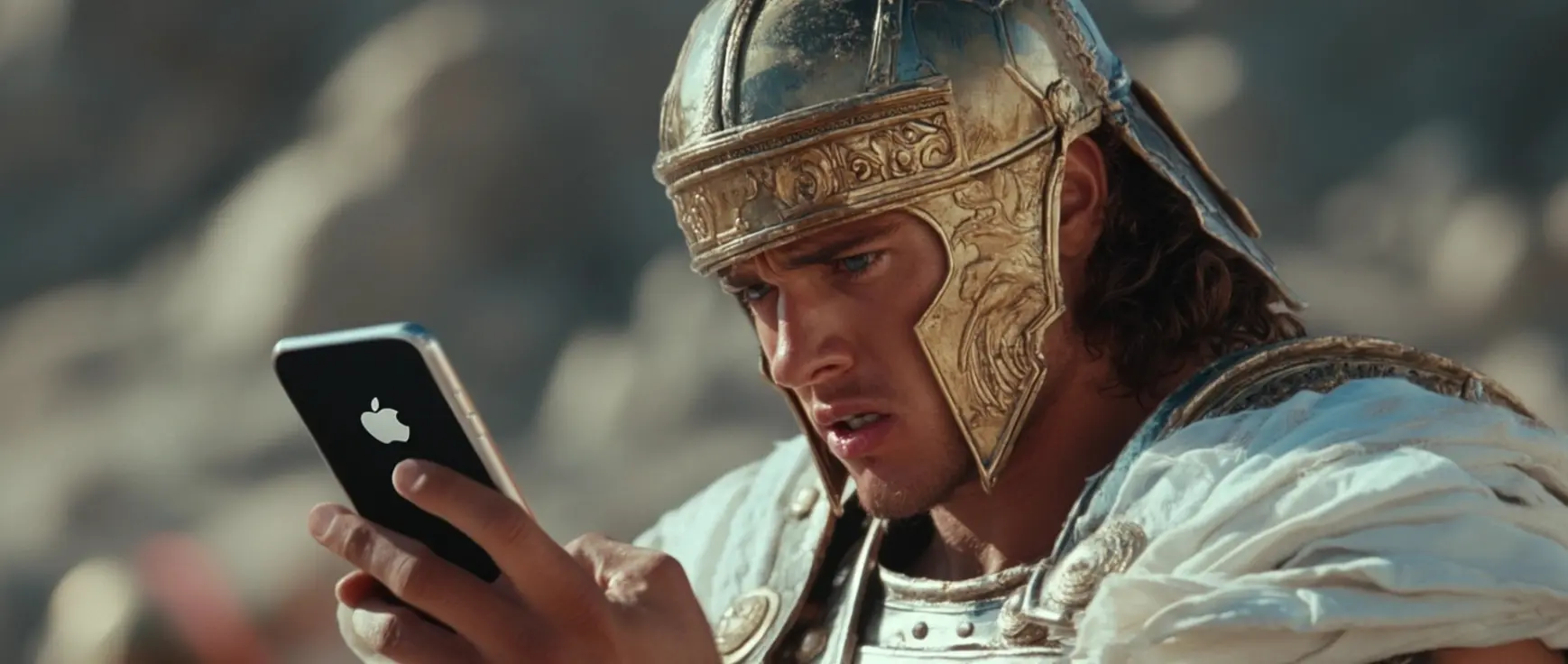 AI-generated image of Alexander the Great looking at an iPhone and being amazed by the power of AI