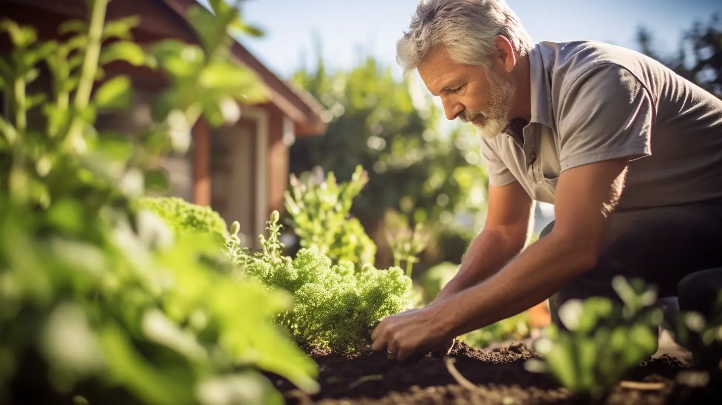 A silver-haired man in a grey shirt is harvesting produce in a farm