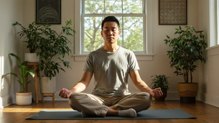 An Asian man meditating in monk mode with plants nearby
