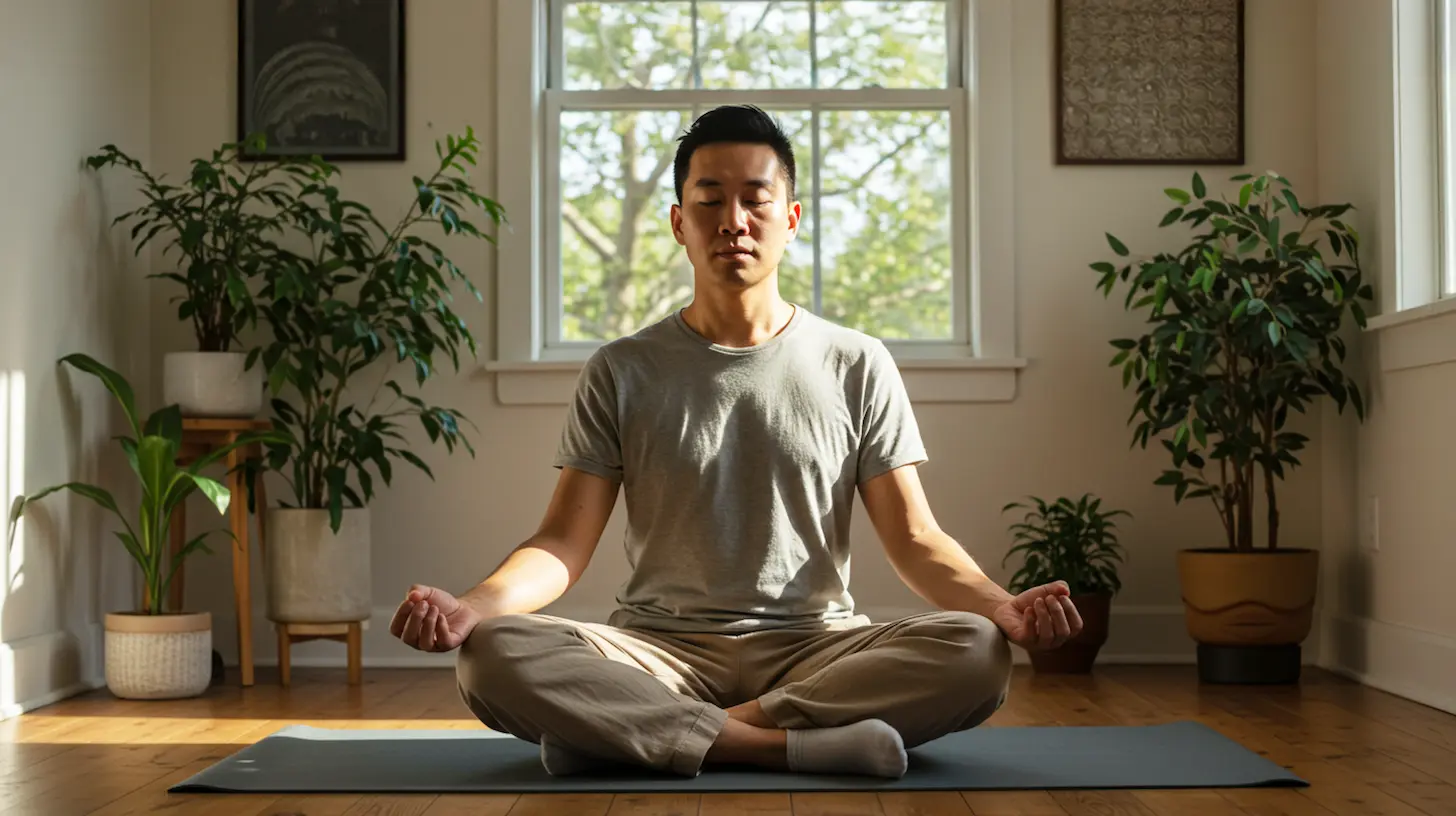 An Asian man meditating in monk mode with plants nearby