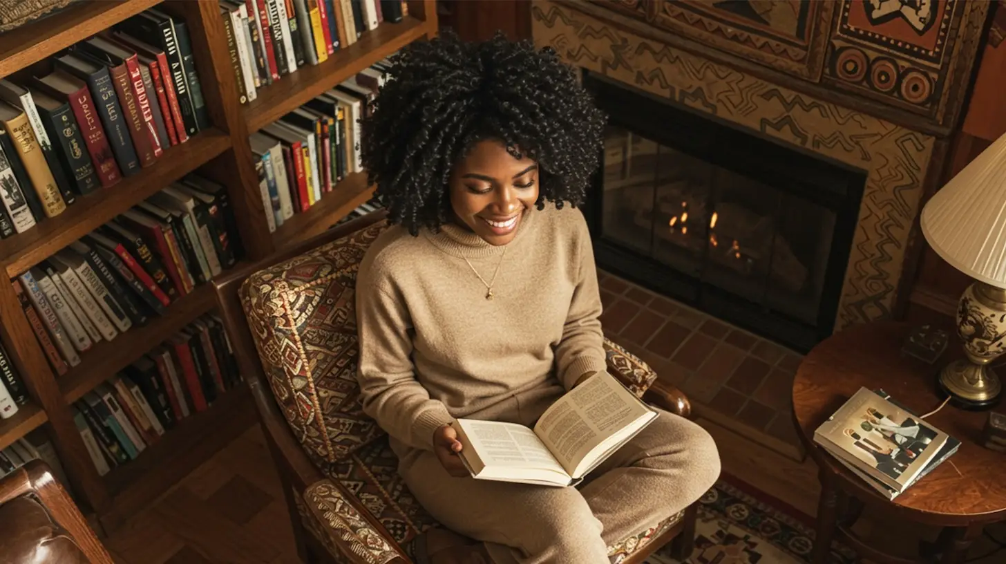 A woman reading a book in monk mode in a home library