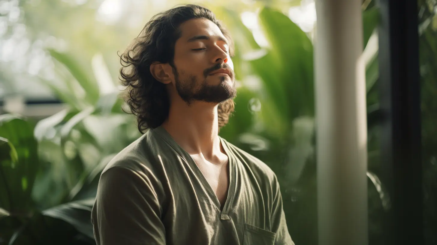 A man in a green shirt experiences deep meditation with his eyes closed in a tropical environment