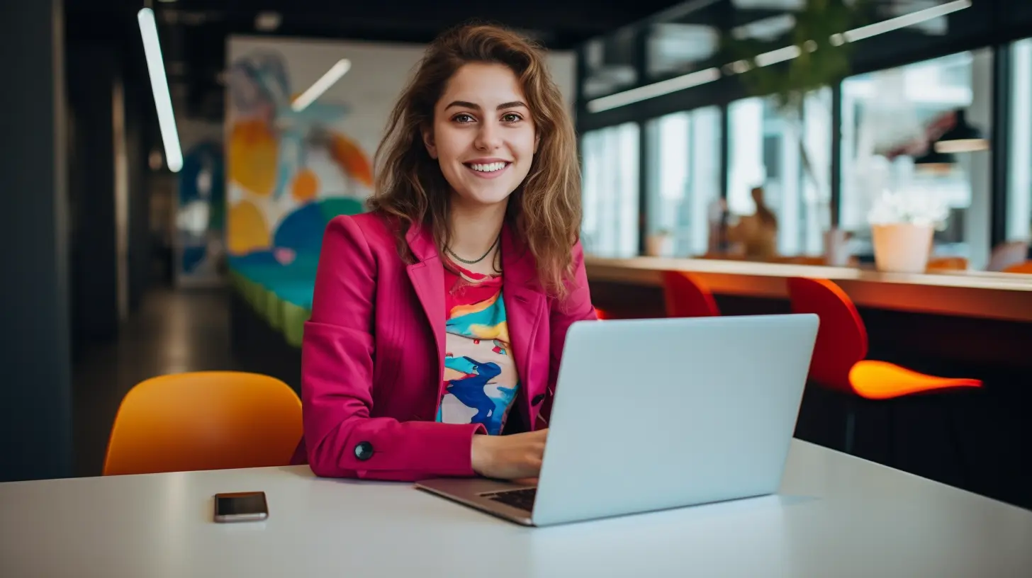 A smiling female worker in a fuchsia blazer sits at a desk with a laptop open