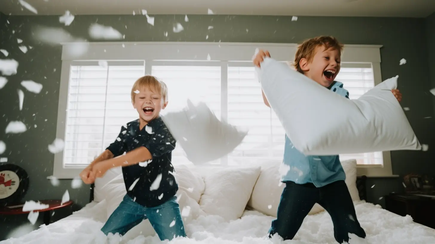 Laughing children engaged in a playful pillow fight, feathers flying around them.