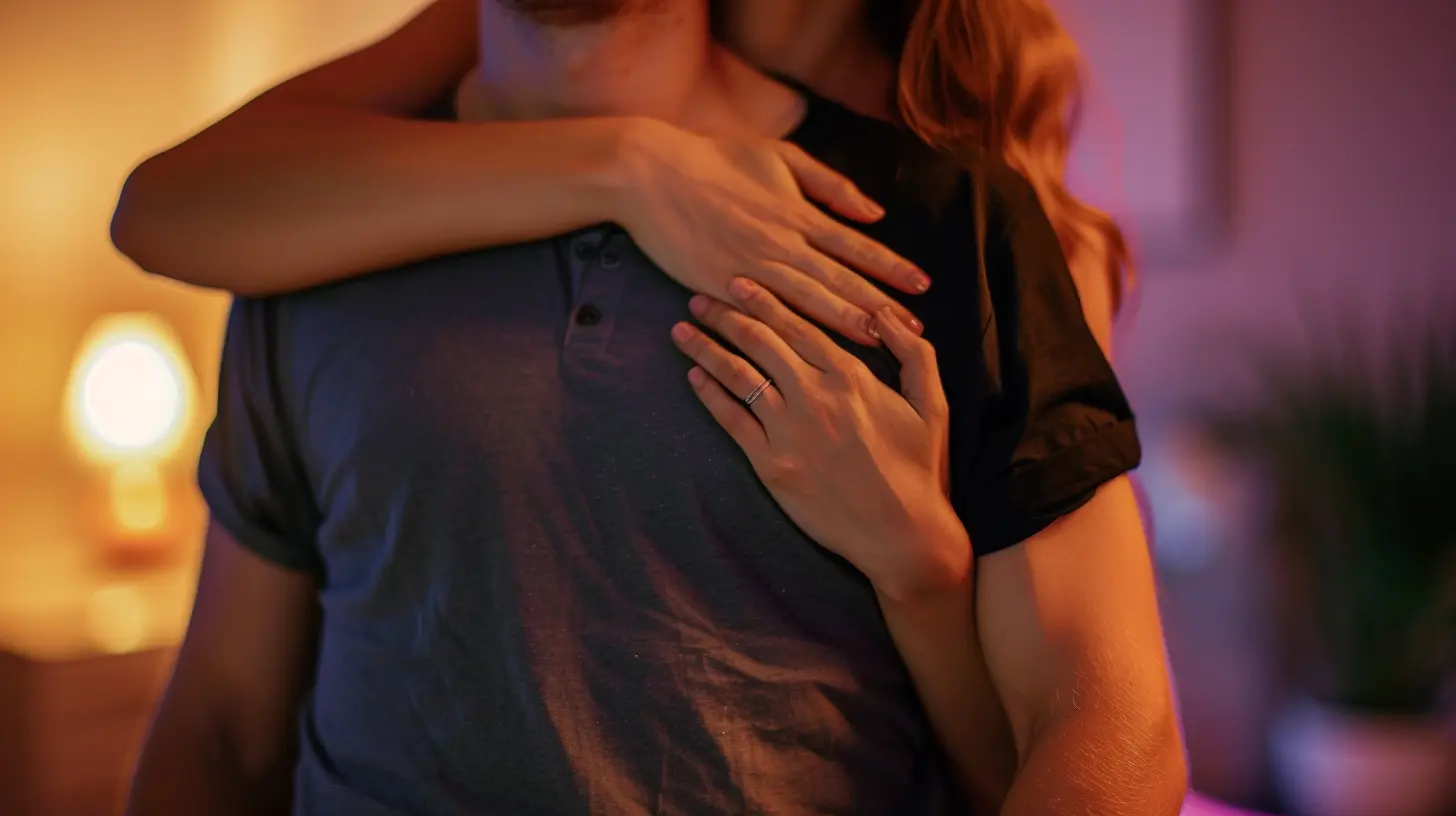 A woman hugging a man from the back in an intimate bedroom