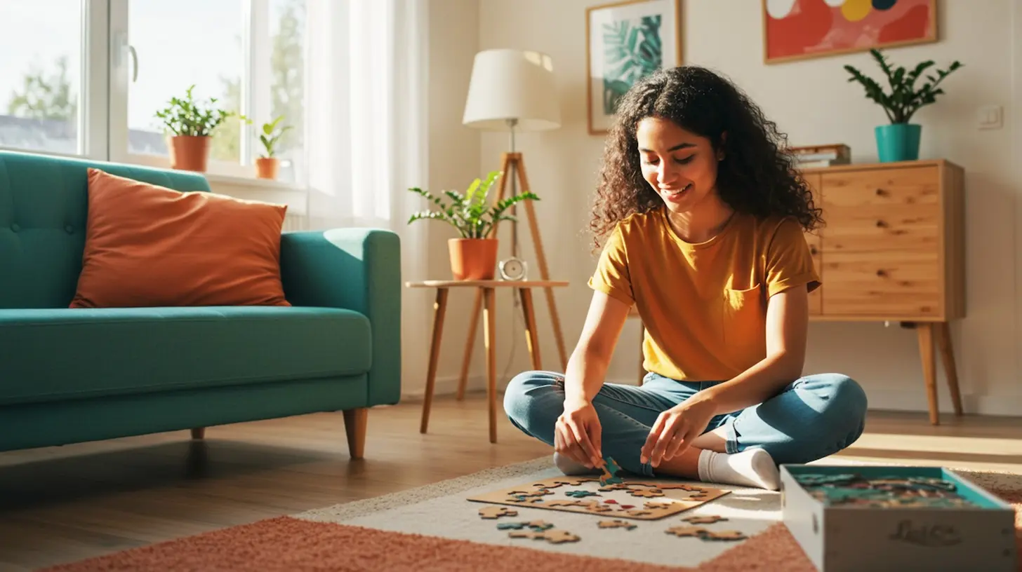 Woman using her visual-spatial intelligence to put together a jigsaw puzzle on the floor of a living room