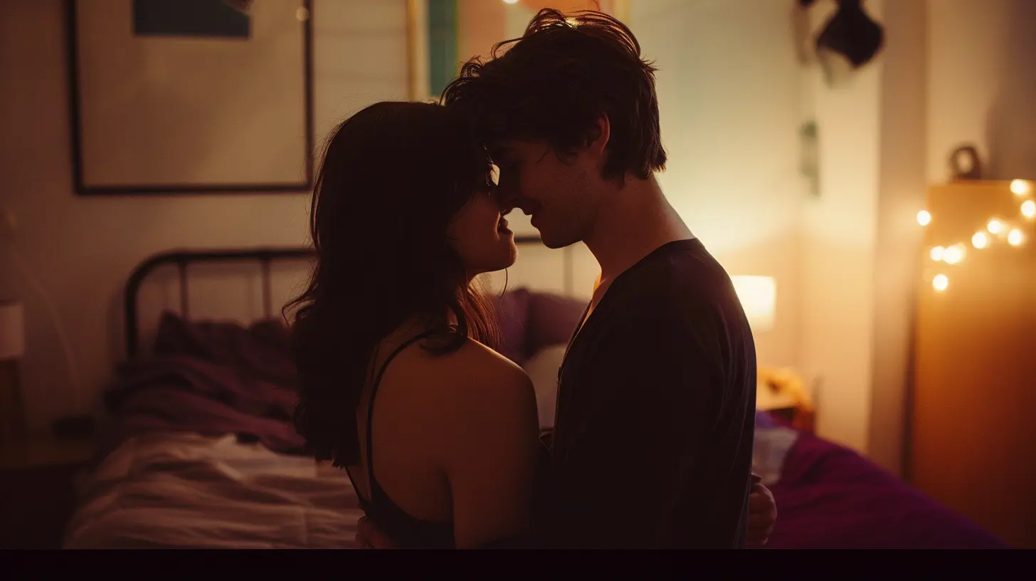 A man and woman looking lovingly at each other in an intimate bedroom