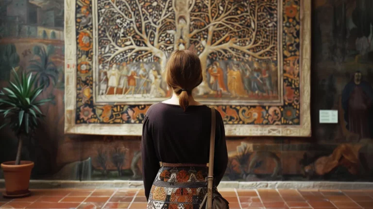A woman looking at a painting with a sacred geometry symbol in a museum