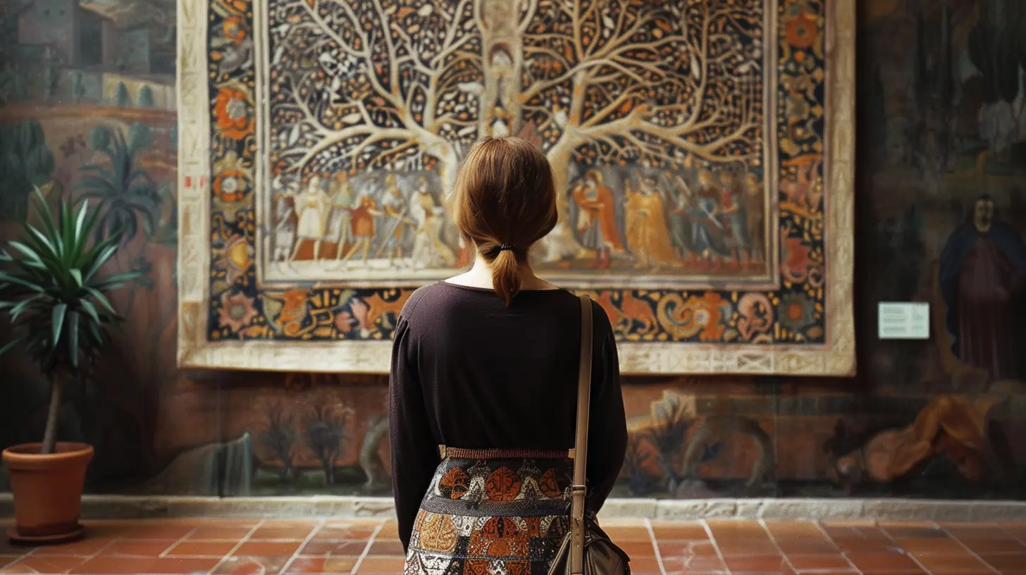 A woman looking at a painting with a sacred geometry symbol in a museum