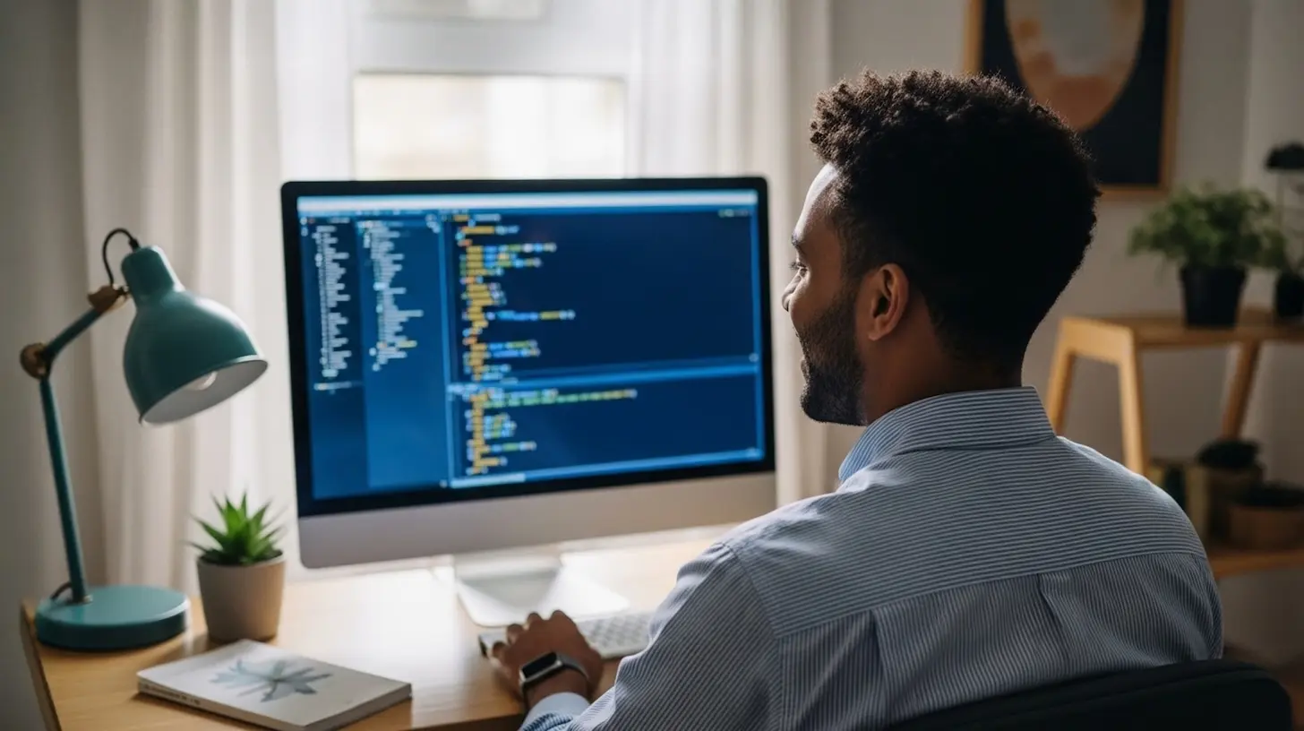 A male AI engineer working remotely on machine learning code at desktop computer, building a neural network system in a modern home office with indoor plants and desk tools