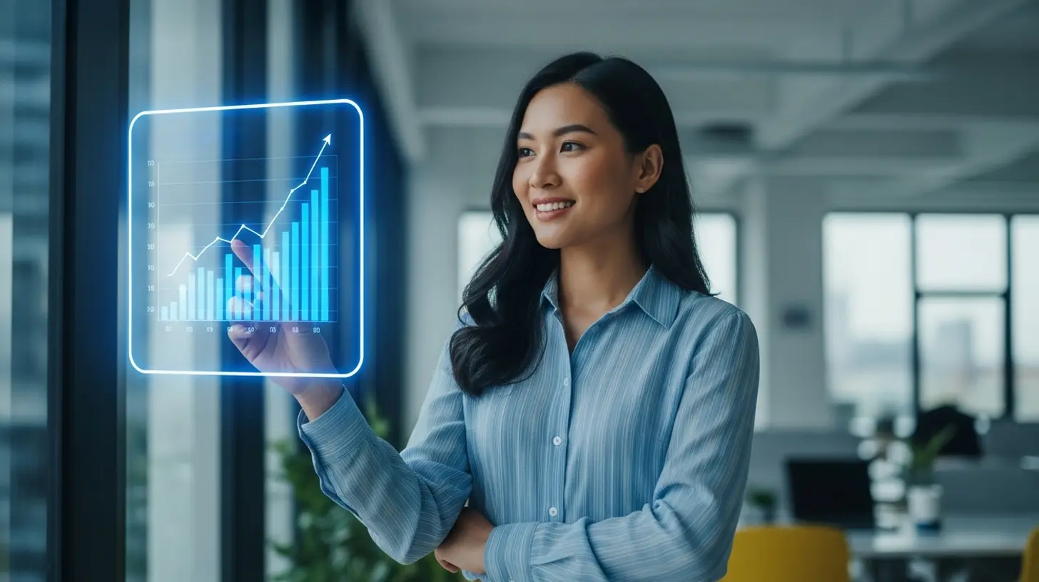 A businesswoman analyzing growth chart with AI tools in a modern office setting
