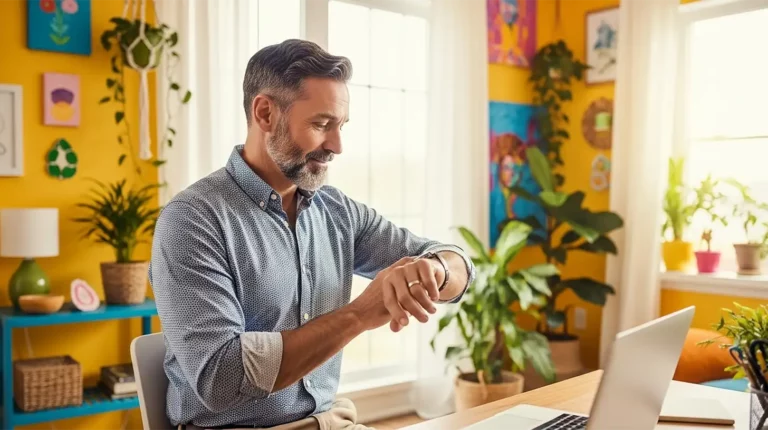 A man checking his watch while working from home, applying strategies on how to improve time management skills for a productive day
