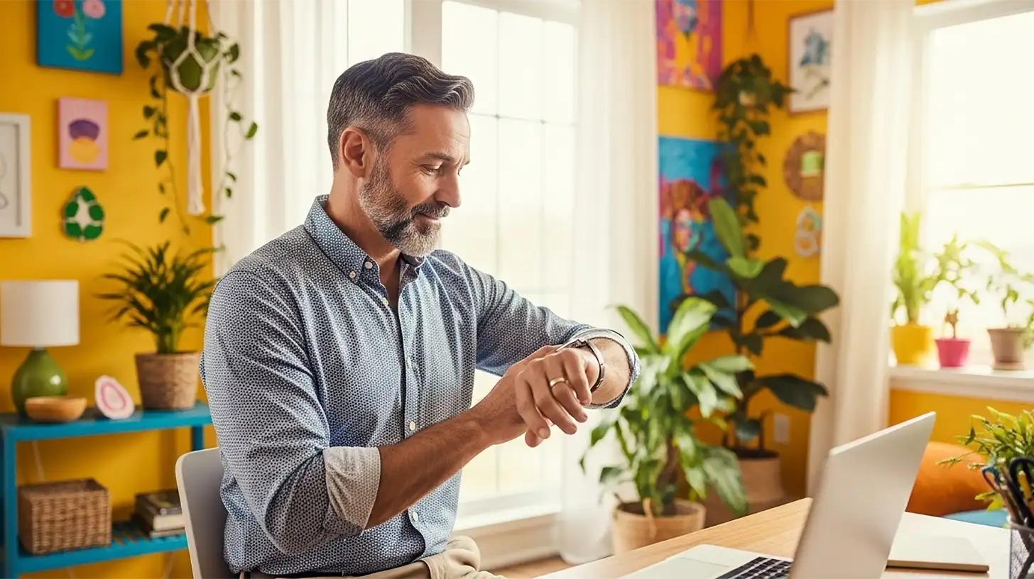 A man checking his watch while working from home, applying strategies on how to improve time management skills for a productive day