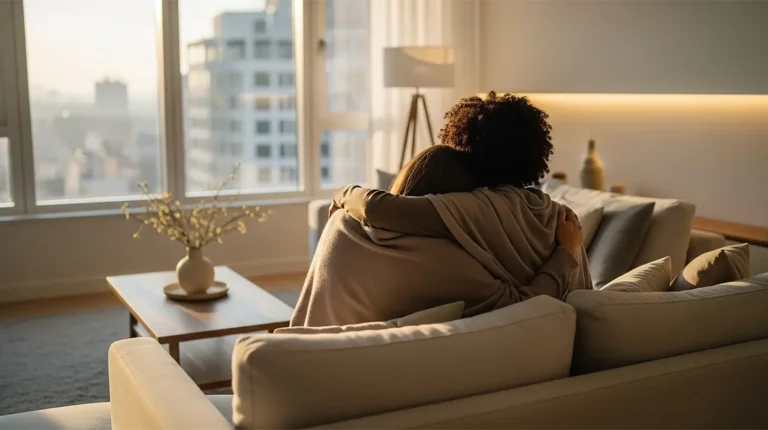 A friend showing empathy vs. sympathy to her friend in a modern living room