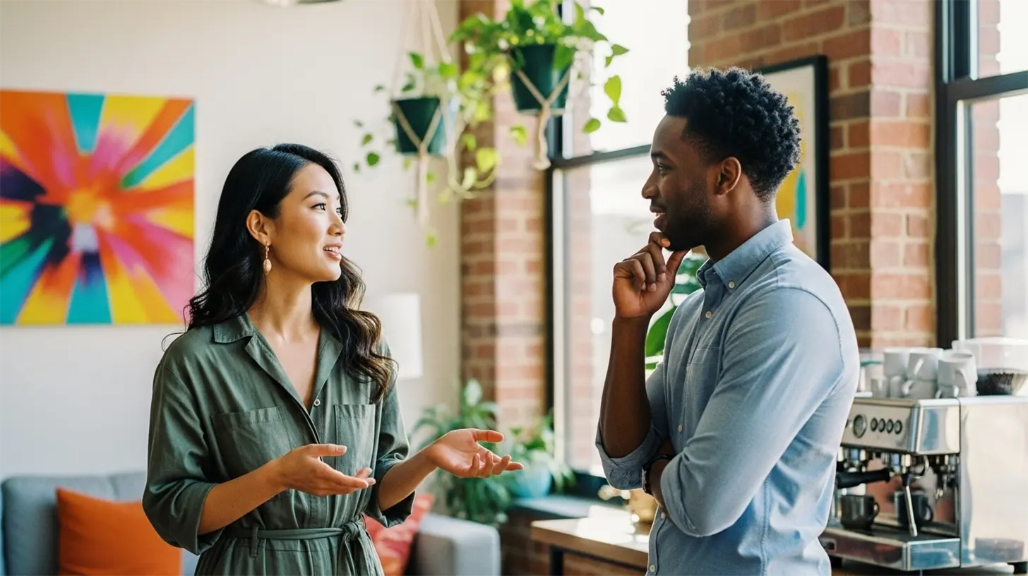 A woman using interpersonal communication with a man in a hipster office