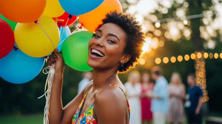 A woman holding balloons to show what part of the brain controls emotion