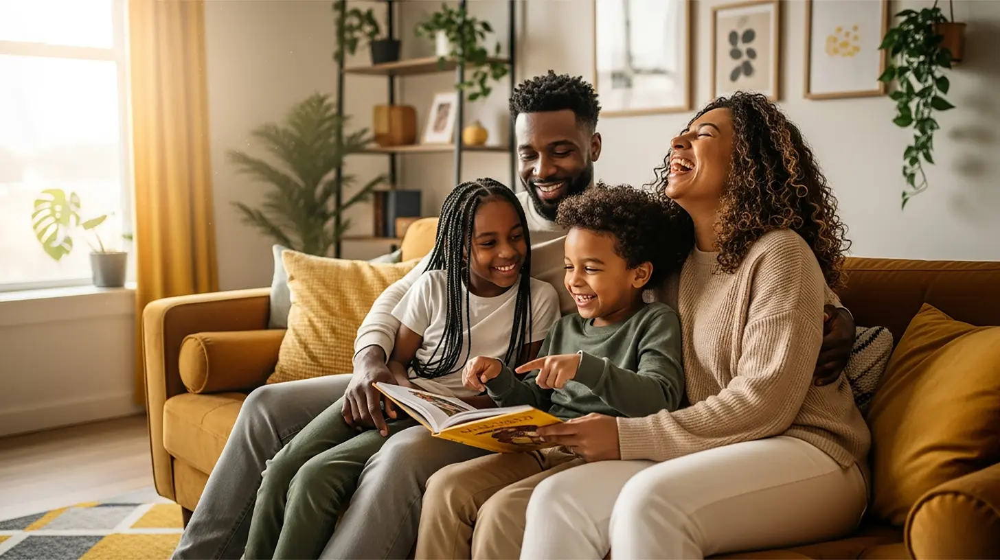 A family sitting on a couch and reading a book together, showing one of the many examples of virtues