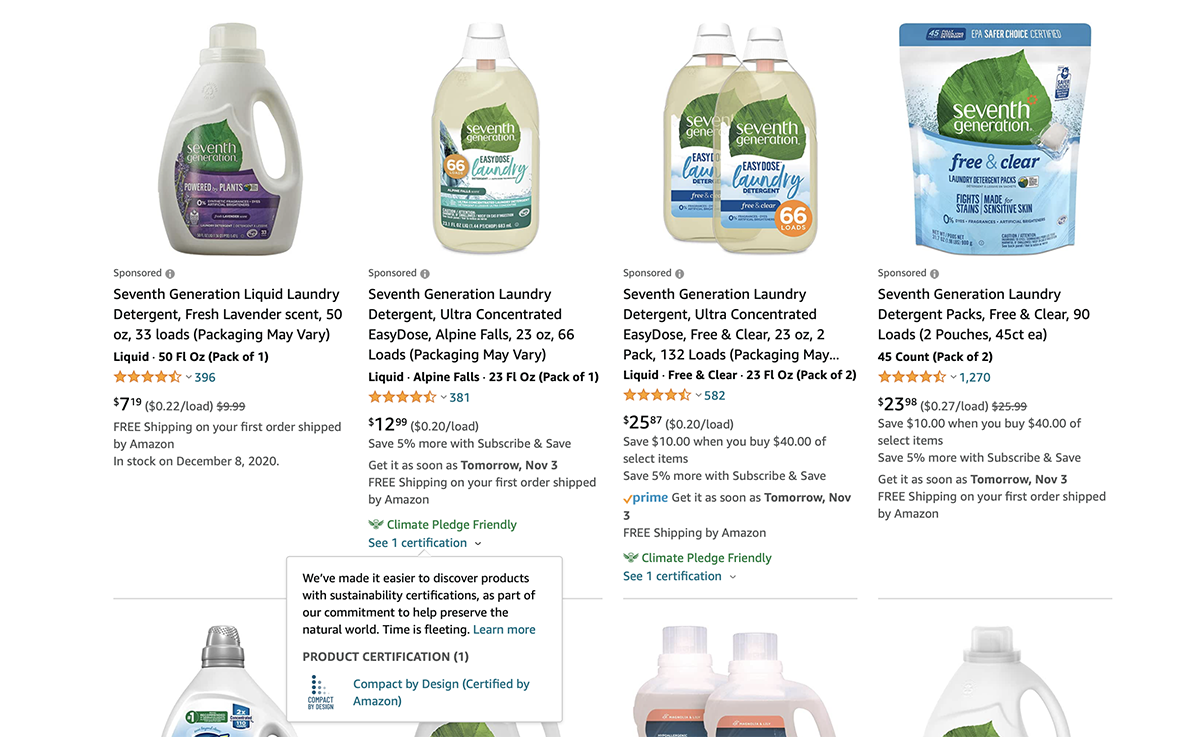 Amazon's new Climate Pledge Friendly badge on a Seventh Generation laundry detergent listing