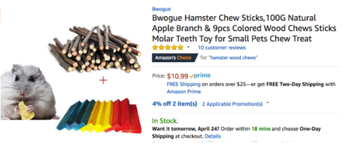 Amazon listing for hamster chew sticks