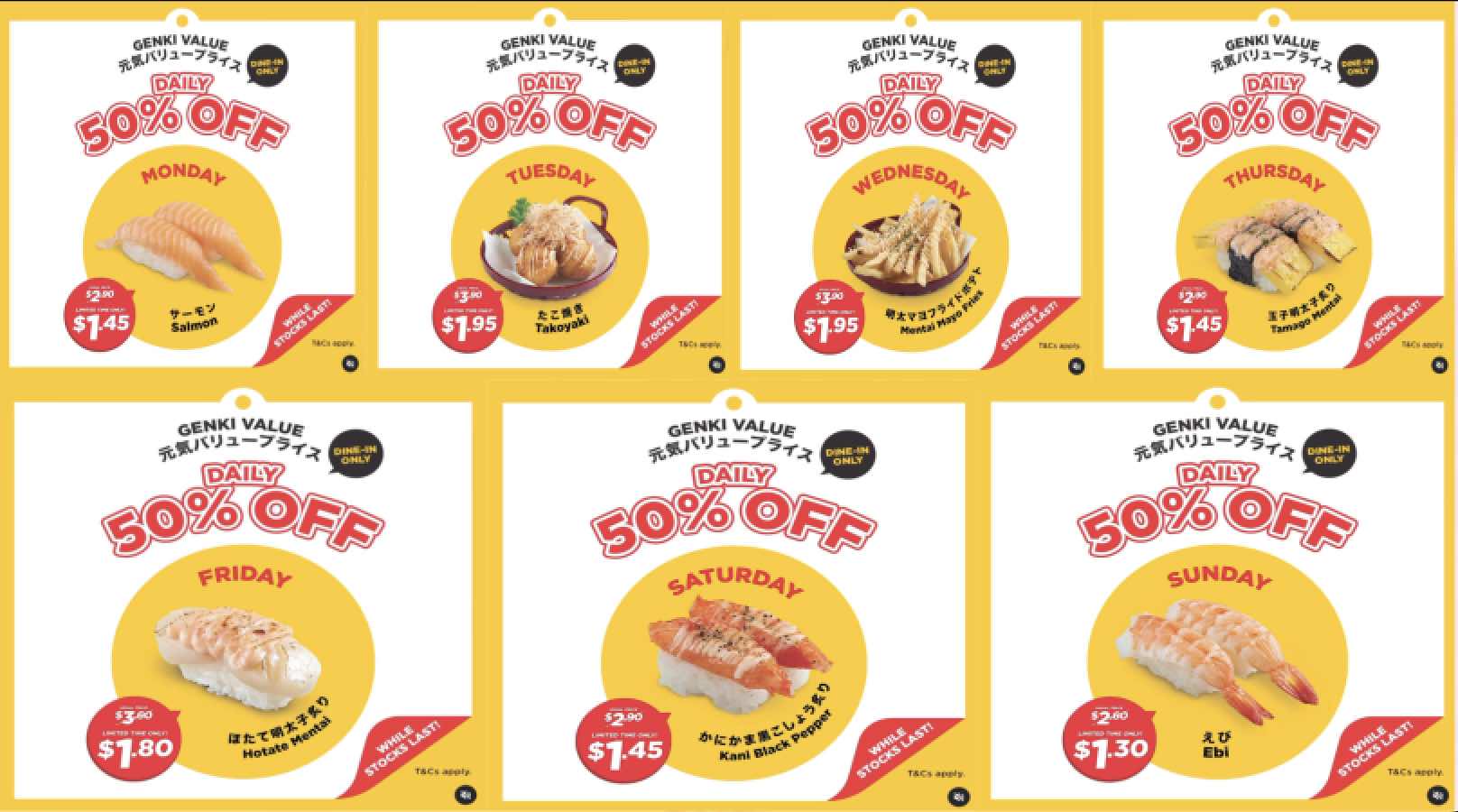 Genki Sushi DAILY 50% off promotion on selected items, Singapore Jun 2023