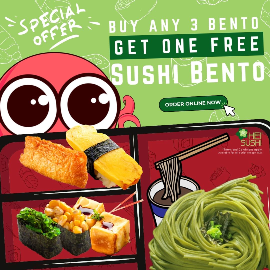 Hei Sushi,Buy 3 Sushi Bento, and get the 4th one FREE