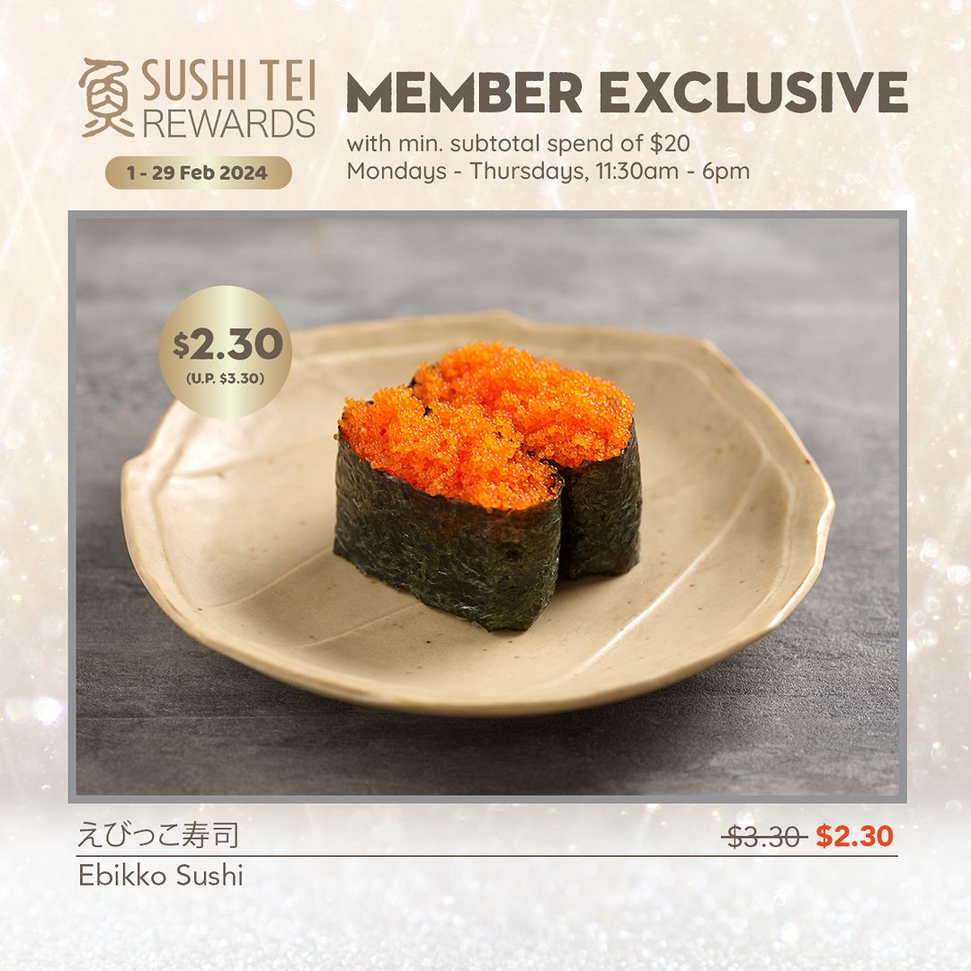 SUSHI TEI,Member Exclusive Get Ebikko Sushi Just $2.30