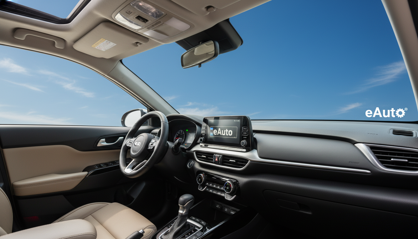 A close-up shot of the Kia Sonet's electric sunroof, with a woman operating the controls, showing clear sky above. The interior is modern and well-appointed.