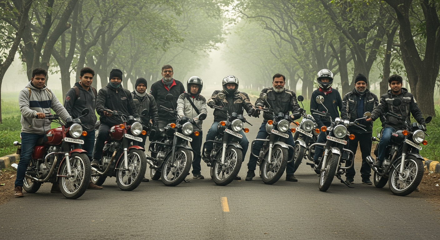 A diverse group of Indian motorcyclists, young and old, standing proudly with their well-maintained bikes, parked on a scenic, tree-lined road in rural India. The bikes are classic models and modern commuters, gleaming under a soft morning sun. The riders are smiling, some wearing traditional attire, others casual. High detail, vibrant colors, cinematic lighting, f/1.8, bokeh. A true sense of community and pride in motorcycling.