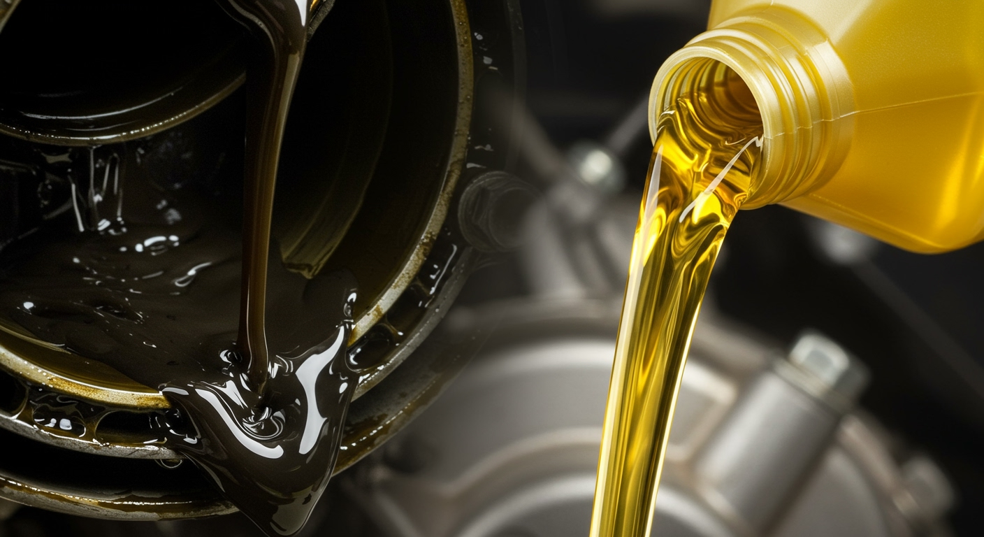 Extreme close-up macro shot of dark, sludgy, old engine oil being drained from a motorcycle's engine crankcase, contrasted sharply with a pristine, golden stream of fresh, new engine oil pouring into an engine. The old oil is thick, almost black, with visible contaminants, while the new oil is clear and bright. Focus on the texture and color contrast. Realistic, high-resolution, sharp detail.
