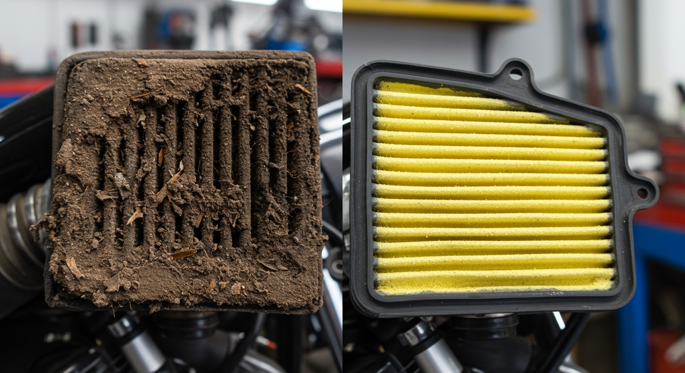 Side-by-side comparison of two motorcycle air filters. One is heavily caked with thick, dark brown dust, leaves, and grime, appearing almost solidified. The other is a brand-new, perfectly clean, white or yellow pleated air filter. The background is a mechanic's workshop, slightly blurred. Studio lighting, sharp focus on the filters, illustrating the stark difference.