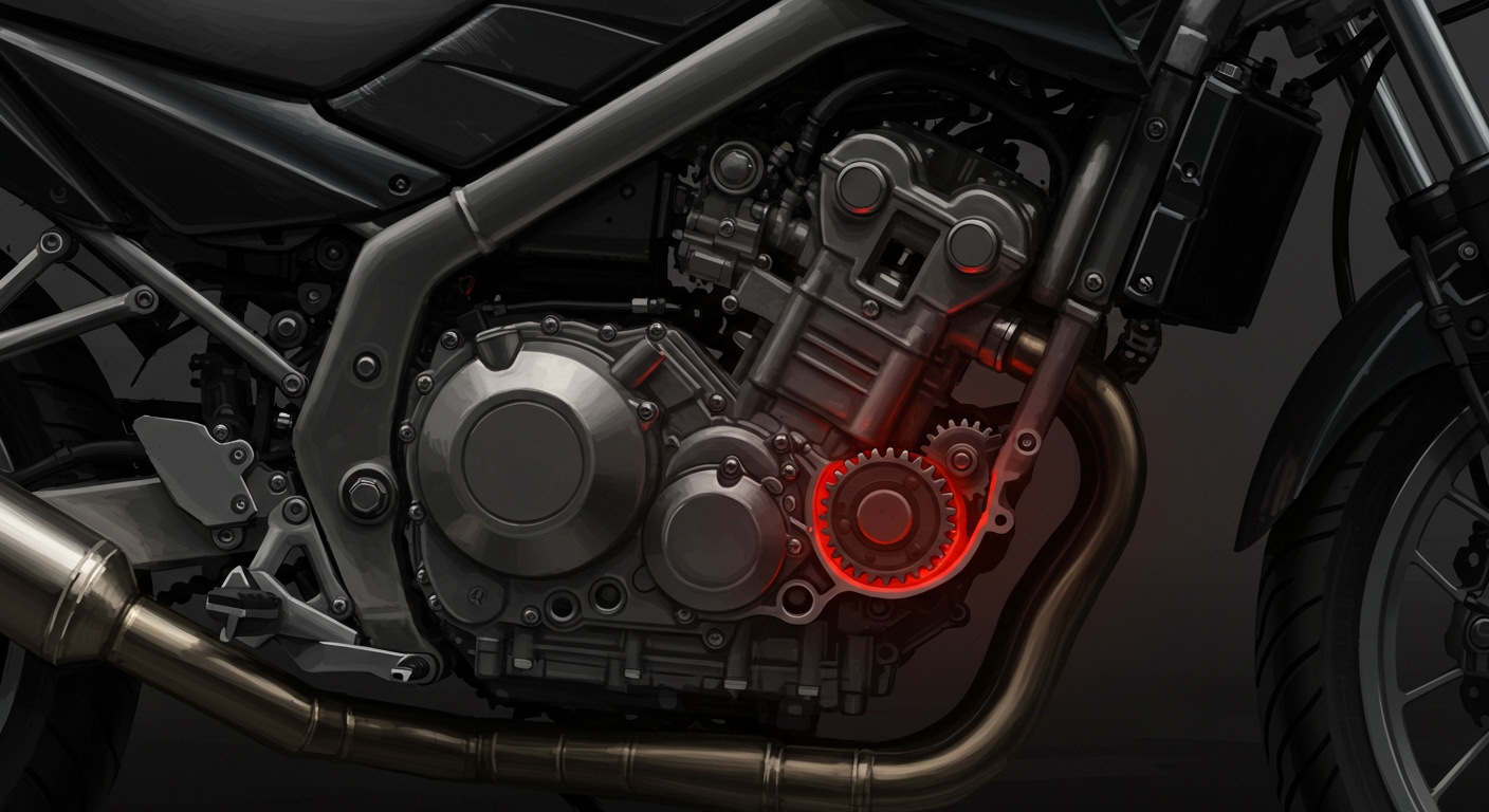 Artistic, slightly abstract representation of a motorcycle engine struggling. Visible vibrations, faint red glow emanating from internal components suggesting overheating or strain. Gears shifting inappropriately low for the speed. A subtle visual metaphor of a heavy burden on the engine. Dynamic lighting, mechanical details, sense of effort and stress.